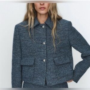 Zara Blue Silver Tweed Boucle Blazer Jacket M